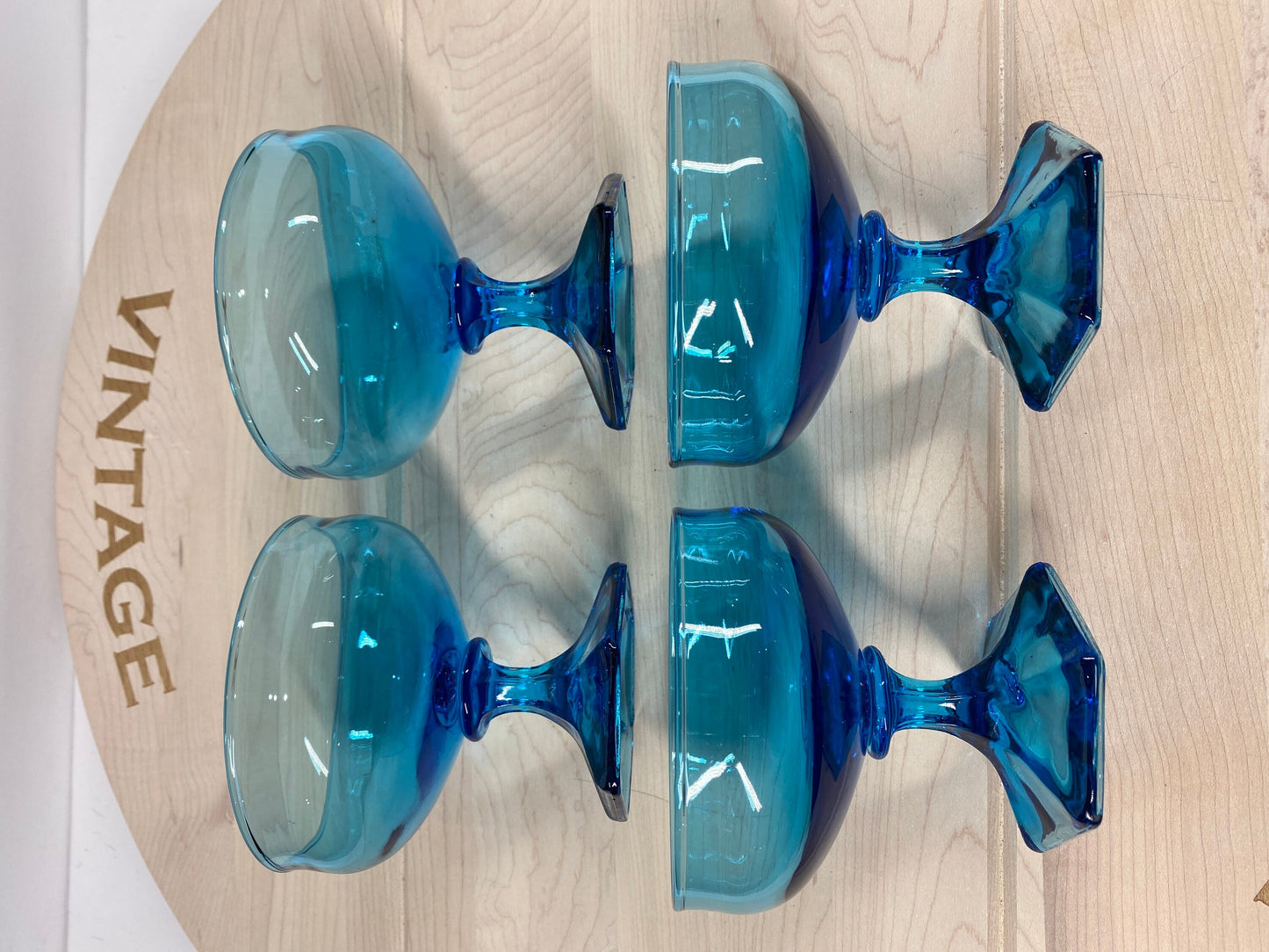 Vintage Glass Footed Dessert Cups or Bowls in Turquoise Blue Set of 4