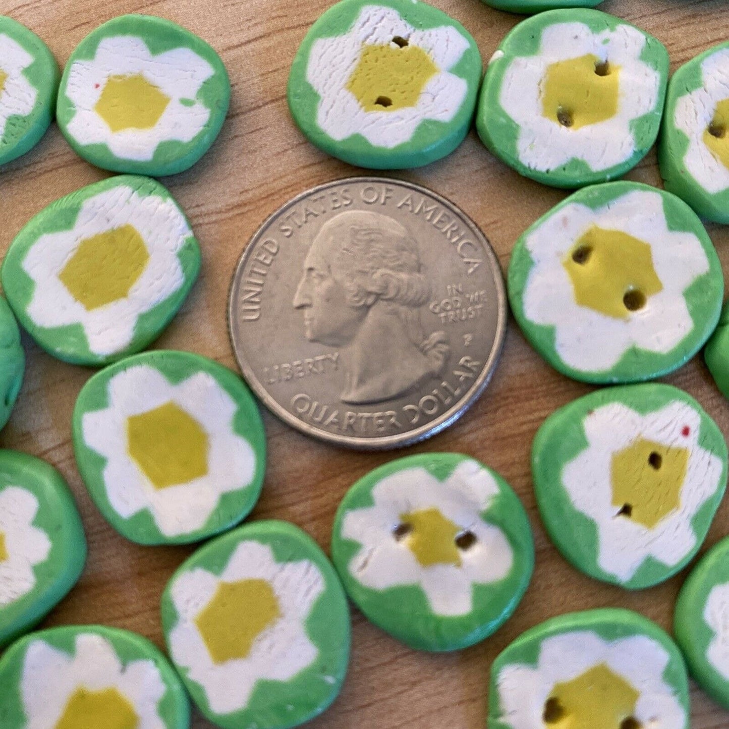 Vintage Buttons, Polymer Clay, Flower Design, White & Yellow Daisies, Green Background.