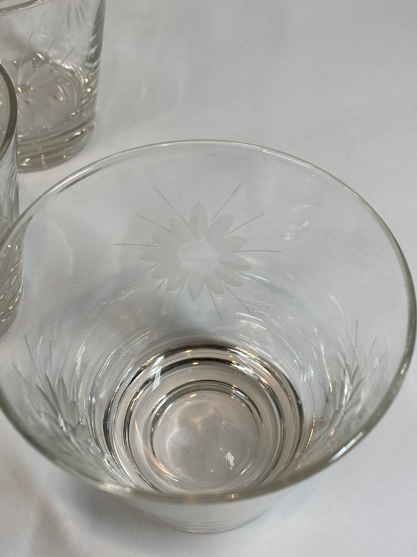Vintage Bar Glasses, Etched Flower Design, Set of 8.