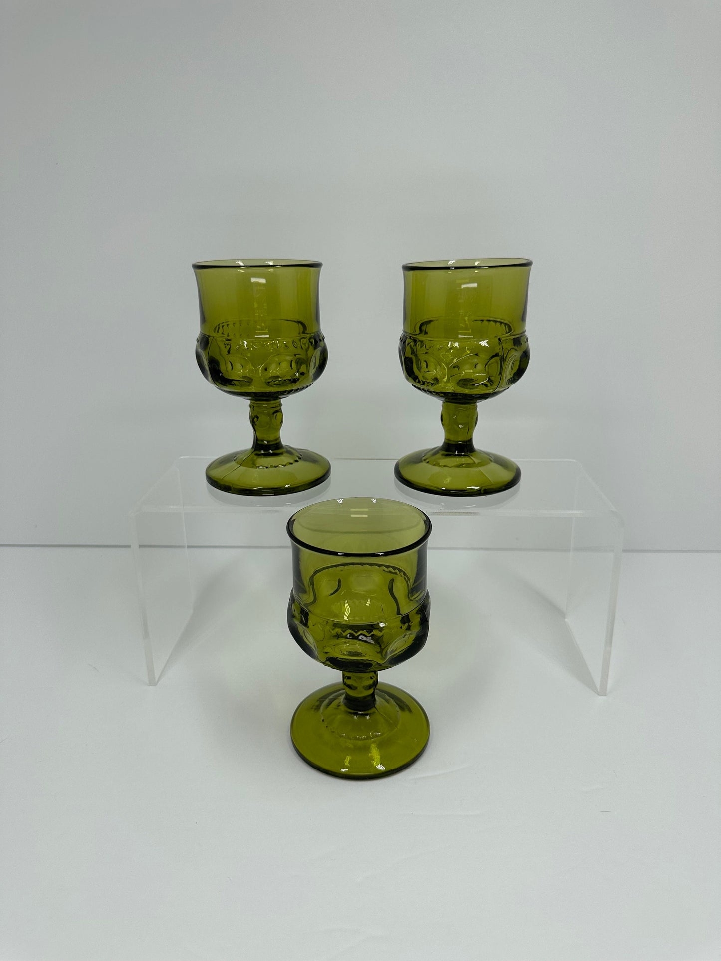 Vintage Glasses in Green King's Crown Thumbprint Pattern by Indiana Glass