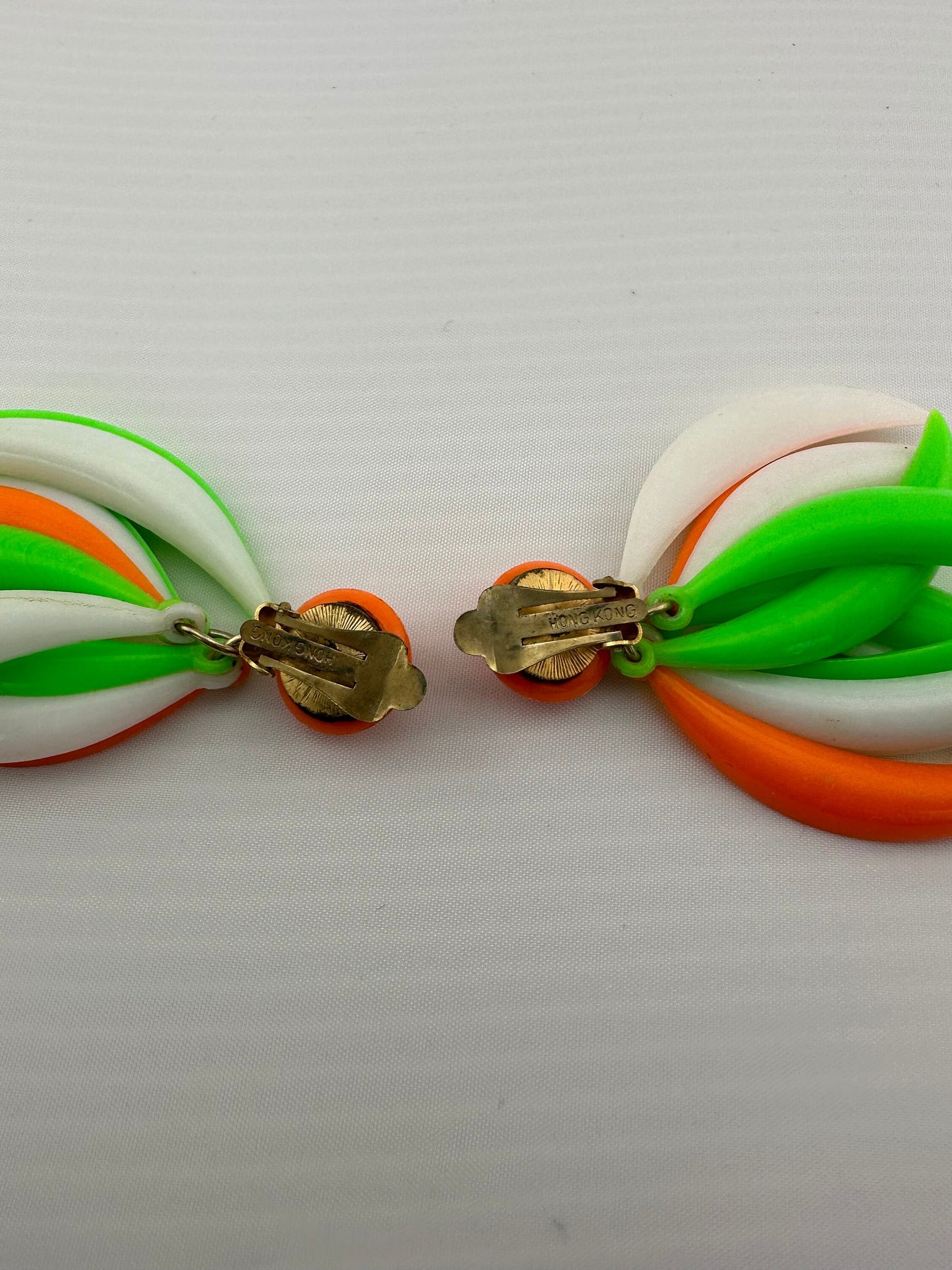 Vintage Earrings, Clip On Dangle, Made in Hong Kong, Neon Orange and Green.