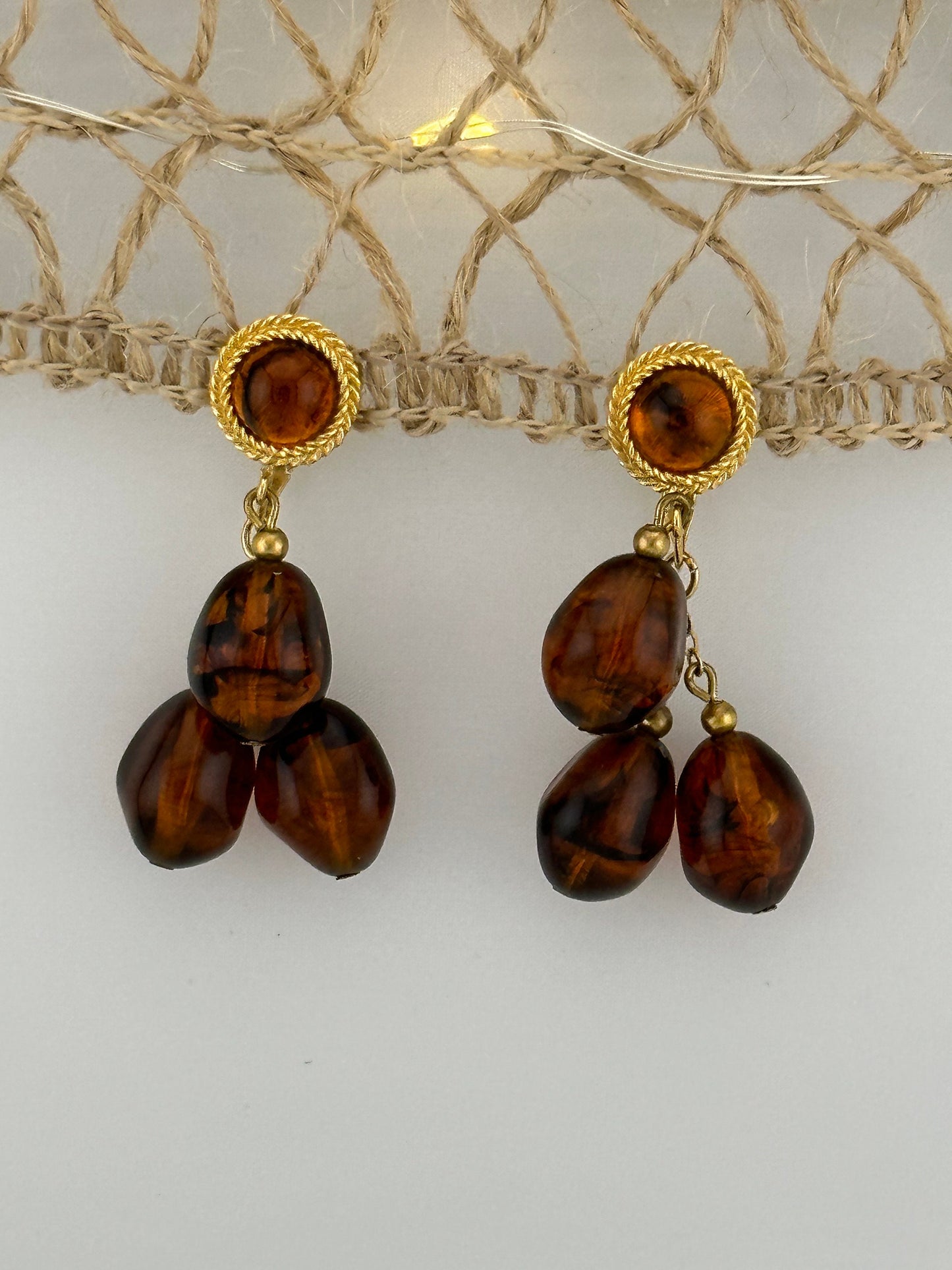 Vintage Earrings, Crown Trifari Faux, Amber, Tortoise, Dangle Clip On.