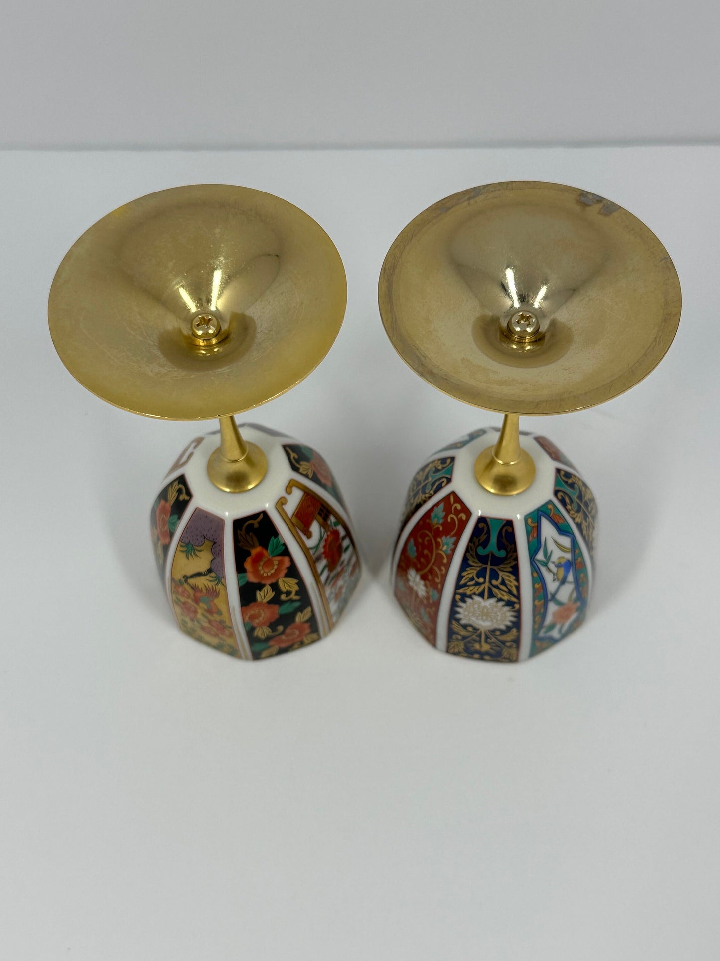 Vintage Porcelain Cups with Brass Stem, Made in Japan.