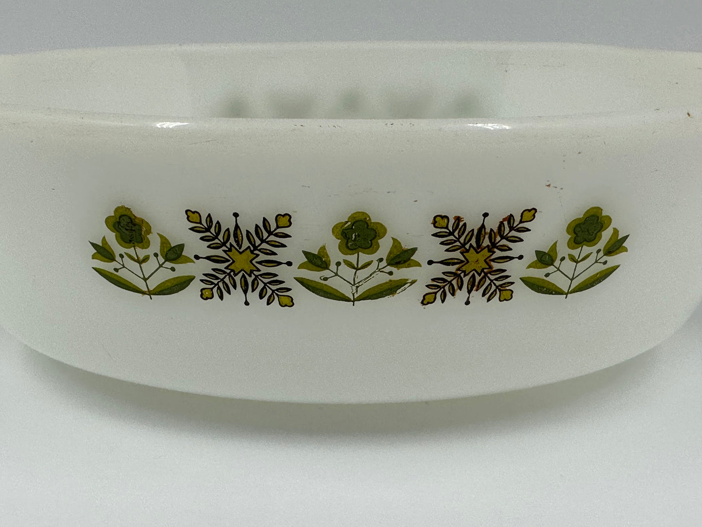 Vintage Anchor Hocking Serving Dish with Meadow Green Pattern.