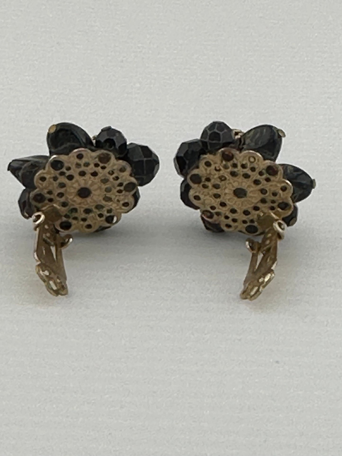 Vintage Clip-On Earrings, Black Beads with Gold Accents, Made by Kramer.