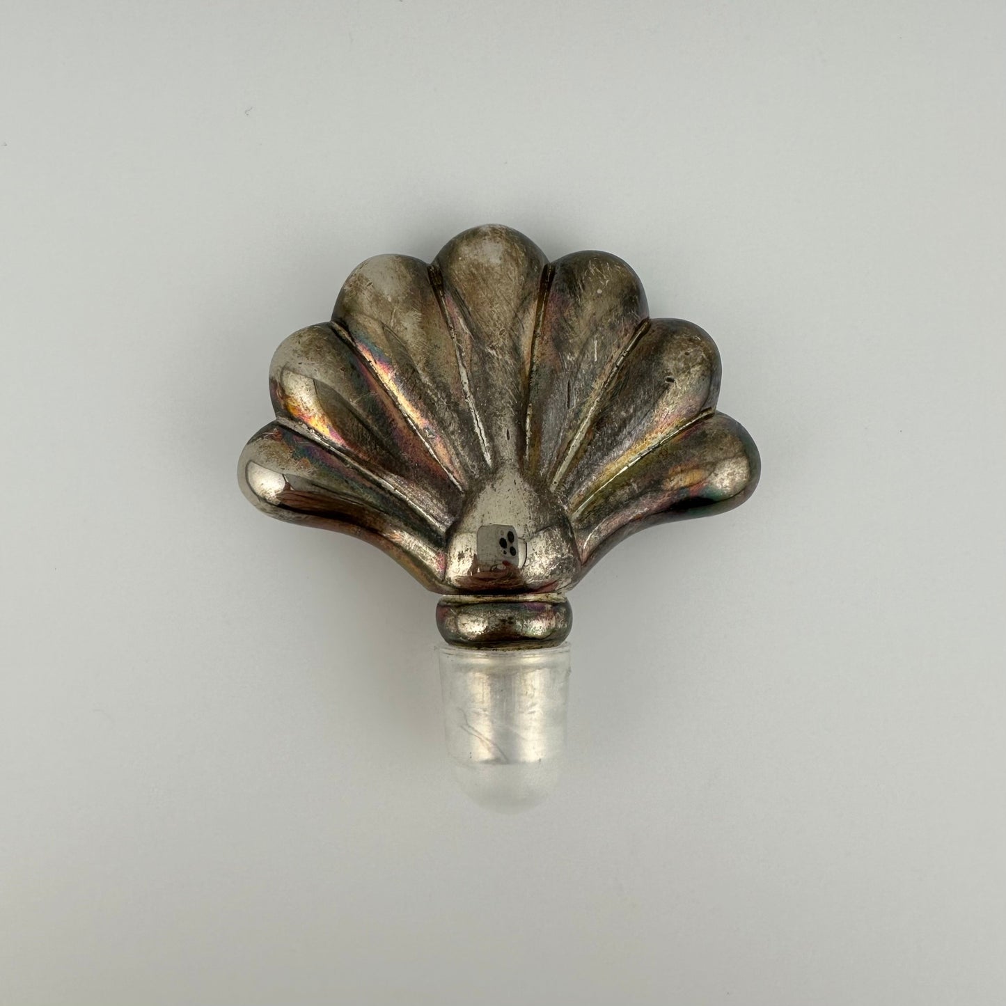 Vintage Perfume Bottle, Silverplated Shell Top, Clear Glass, Made by International Silver Company.