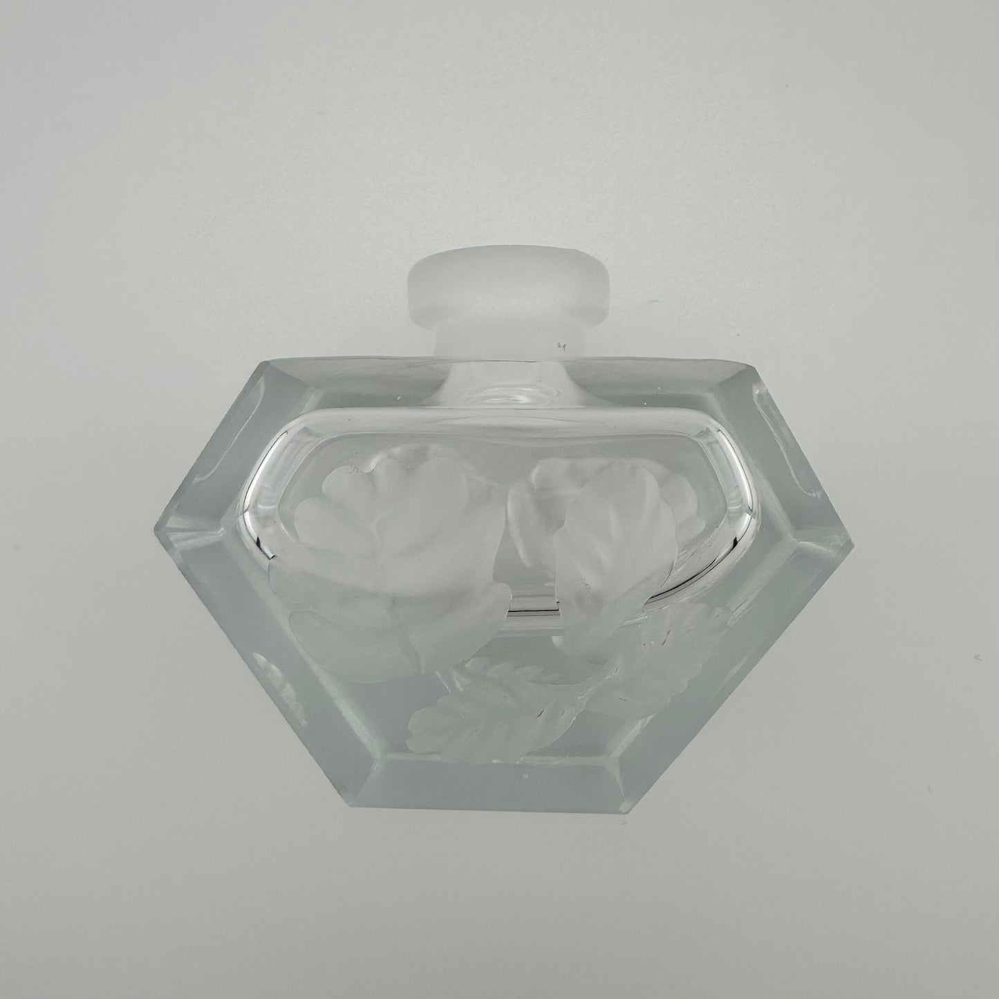 Vintage Perfume Bottle, Heavy Clear Glass with Etched Floral Design.