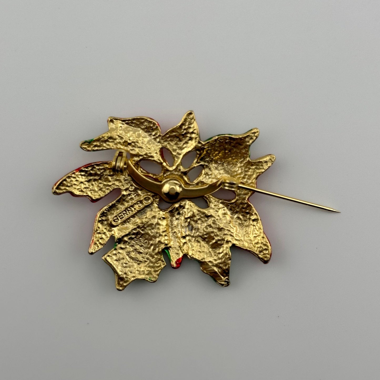 Vintage Christmas Poinsettia Brooch, Red and Green Enamel, Gold Tone.