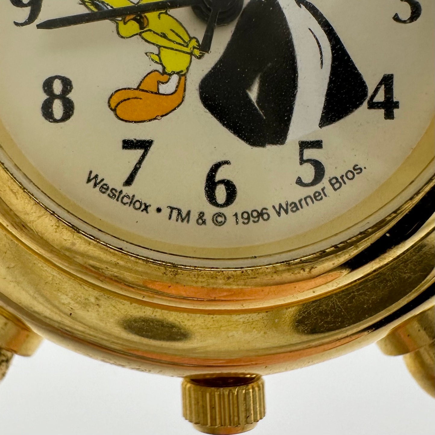 Vintage Looney Toons Mini Clock, Tweety Bird and Sylvester, Gold Tone.