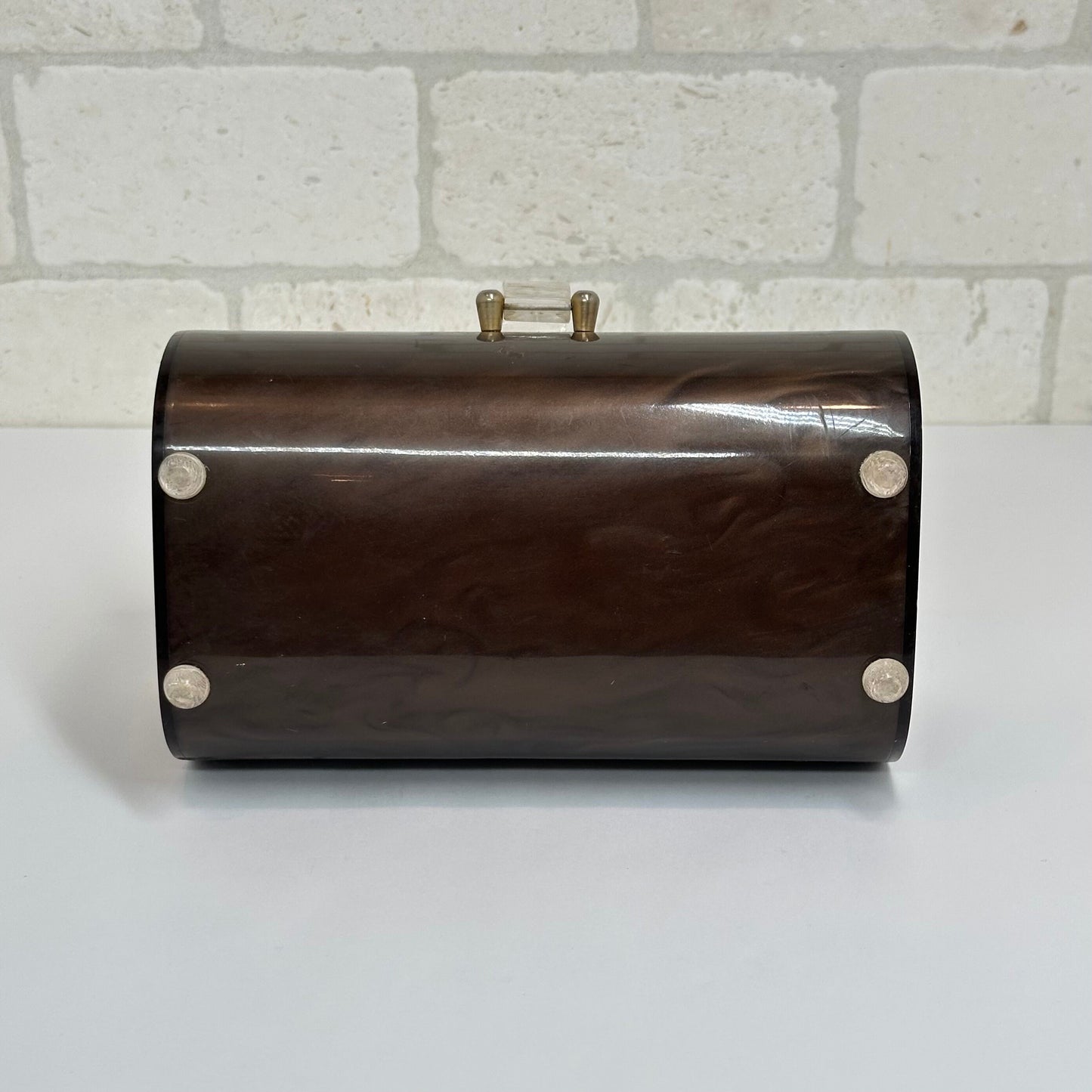 Vintage Brown Shimmery Lucite Handbag with Clear Etched Flower Lid, 1960s.