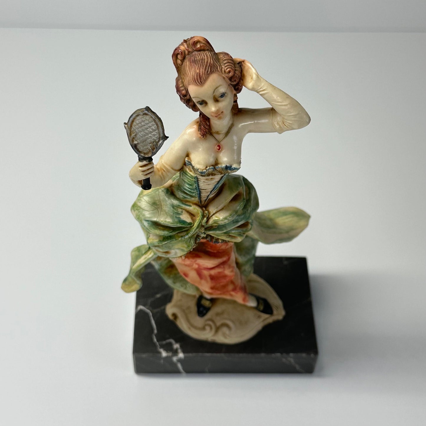 Vintage Figurine of Lady with Mirror with Carrara Marble Base by Fontanini