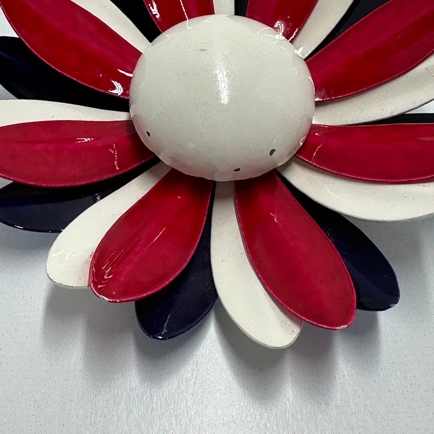 Vintage Brooch Pin of Daisy Flower in Red, White and Blue Metal