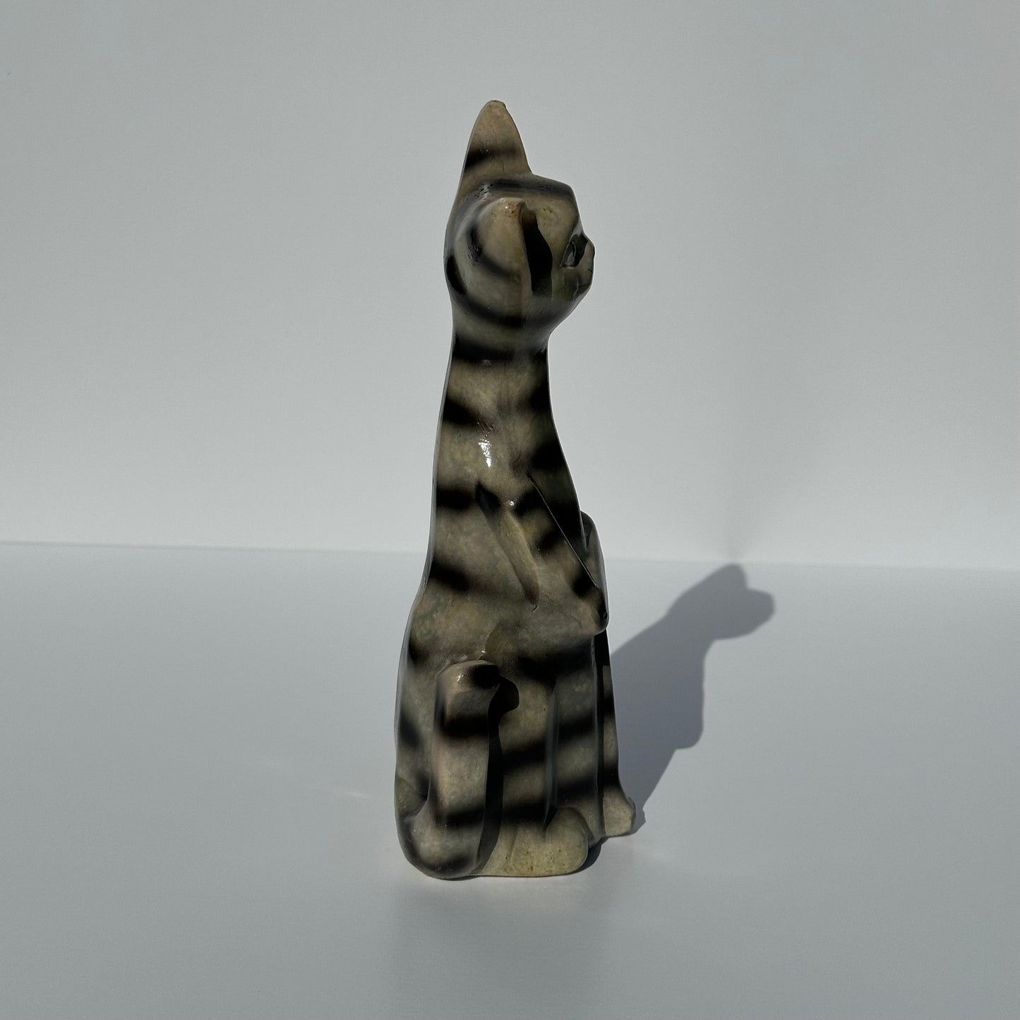 Vintage Figurine of Terracotta Ceramic Gray Striped Tabby Cat.