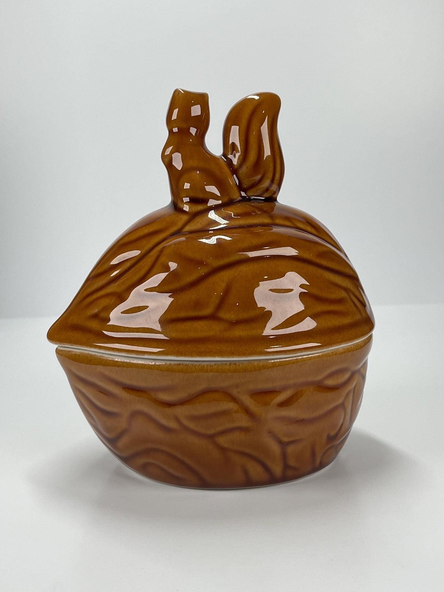 Vintage Ceramic Covered Dish in Shape of Nut with Adorable Squirrel on Top 1970's
