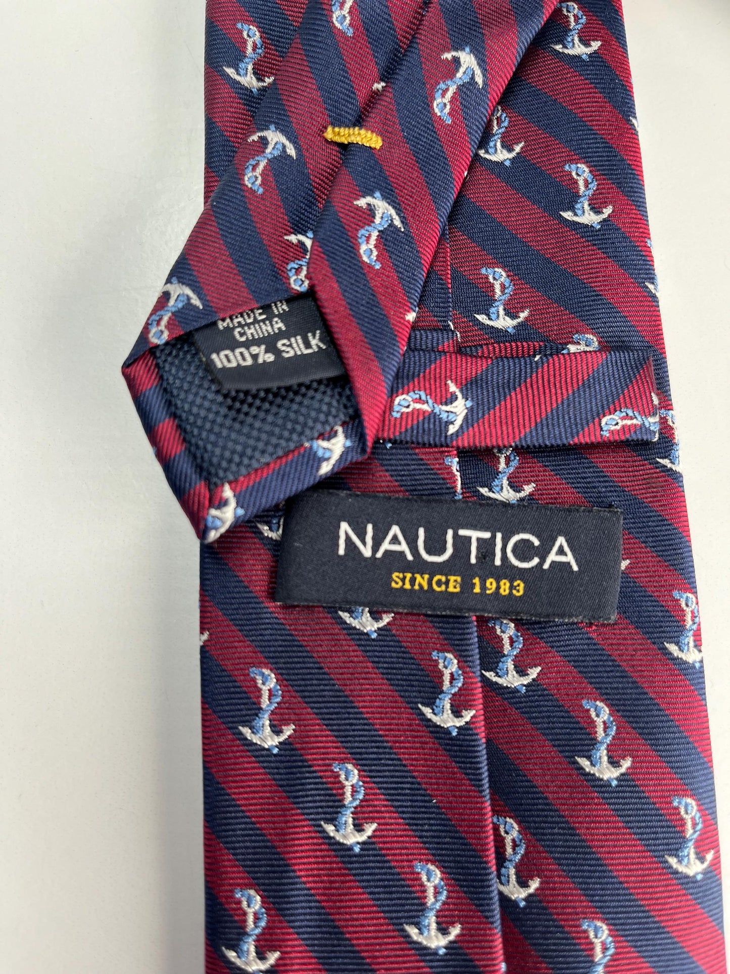 Vintage Necktie with Red and Blue Stripes and Sailing Anchors Made by Nautica