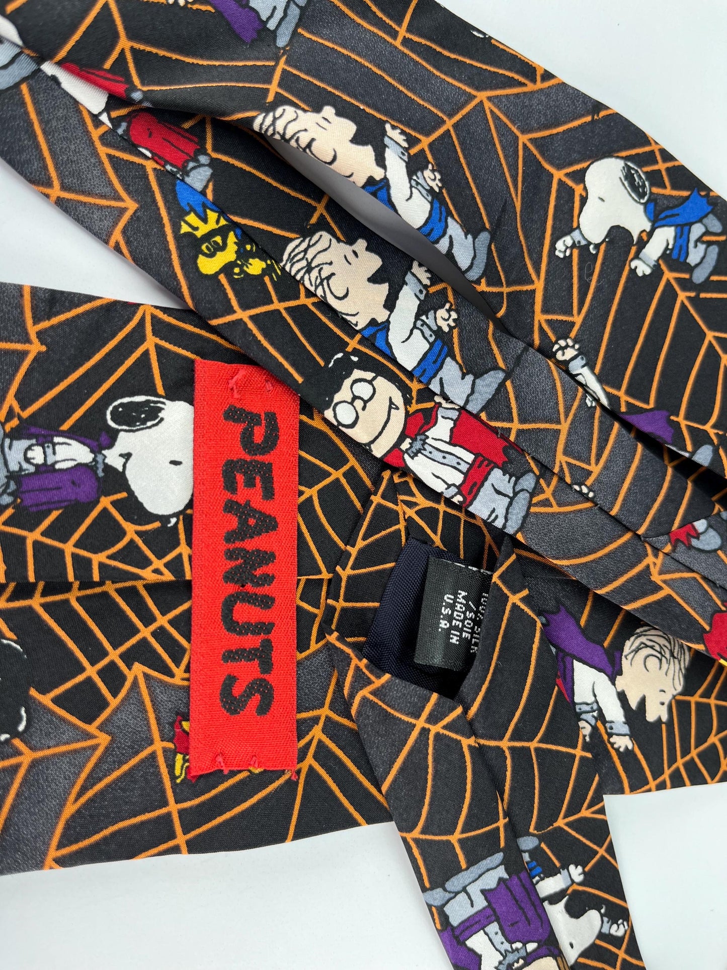 Vintage Silk Necktie of Peanuts Gang in Trick or Treat Halloween Theme