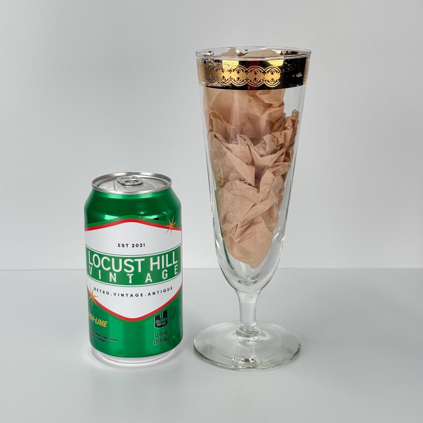 Vintage Pilsner Mid Century Modern Glass, Gold and Teal Filigree Band, Set of 6.
