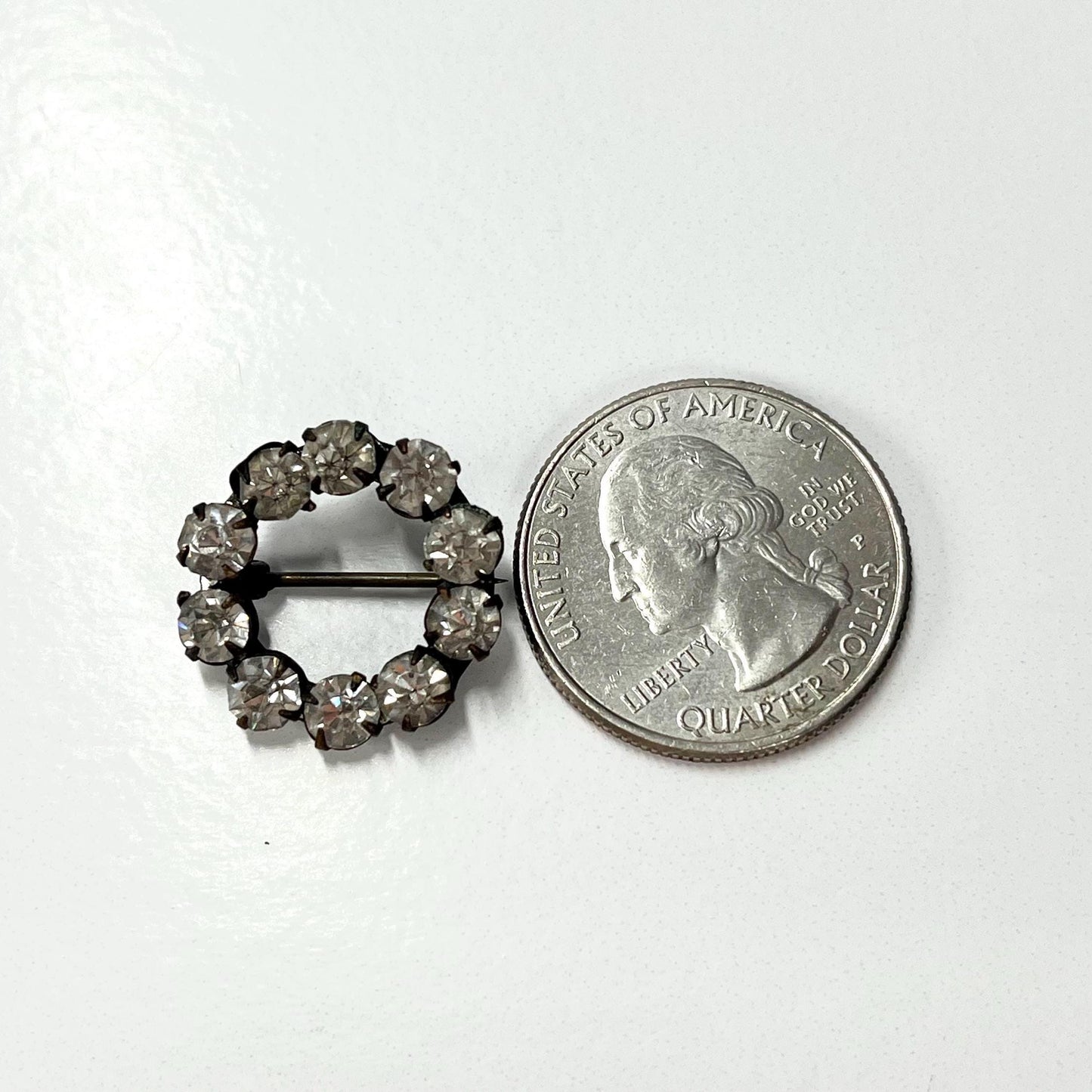 Vintage Brooch Pin Circle Shaped with Clear Rhinestone Design