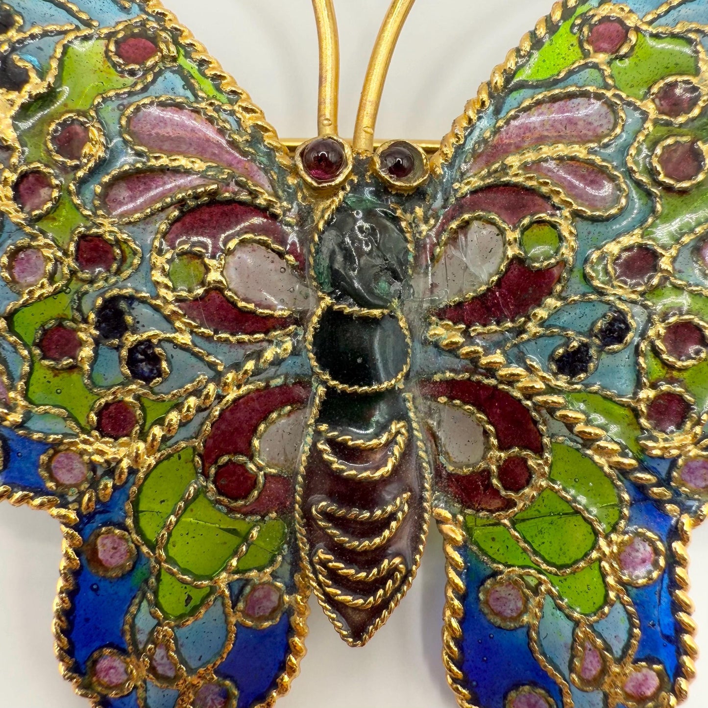 Vintage Pearl Butterfly Brooch of Plique-A-Jour Stained Glass