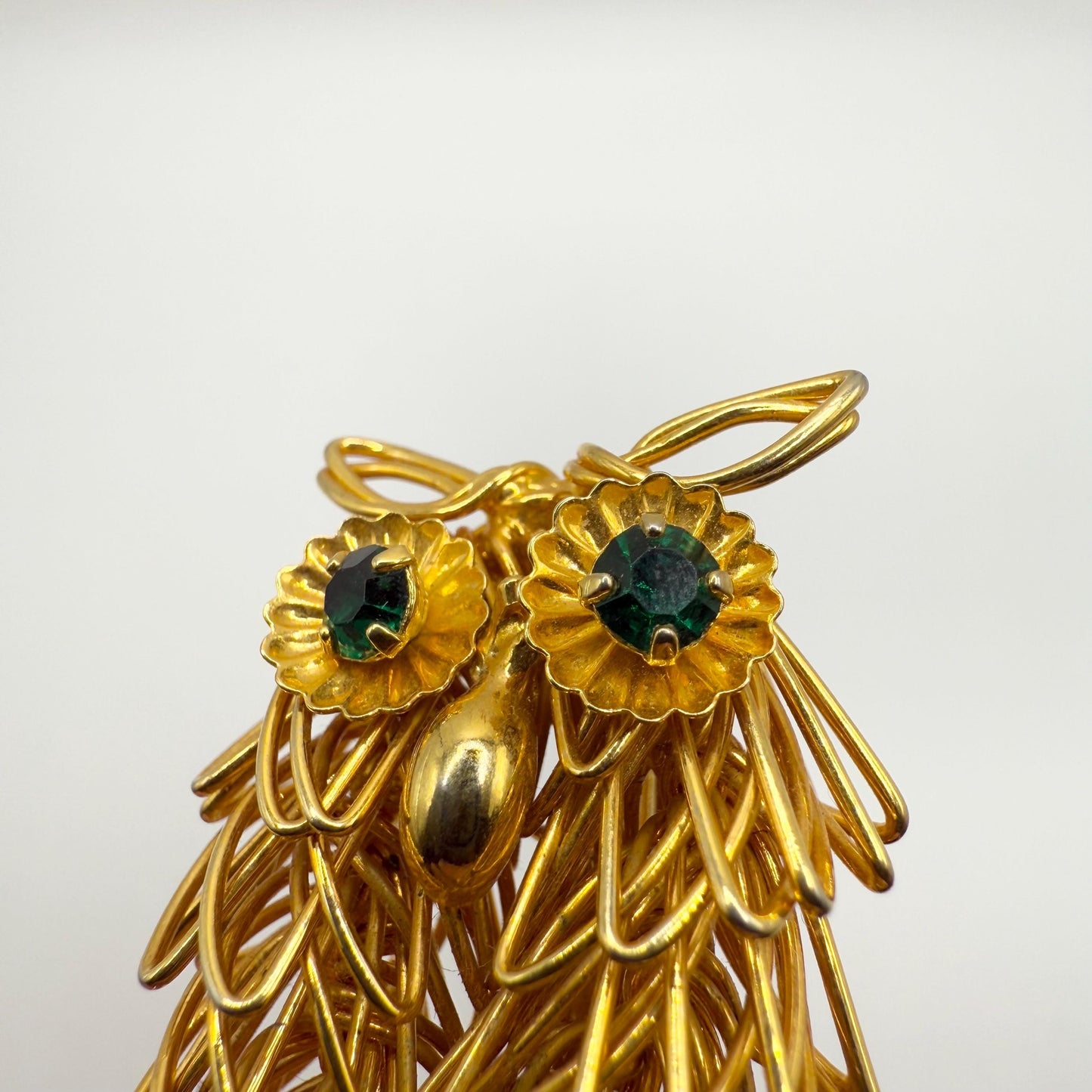 Vintage Brooch Pin of a Wire Owl in Gold Tone with Green Rhinestone Eyes