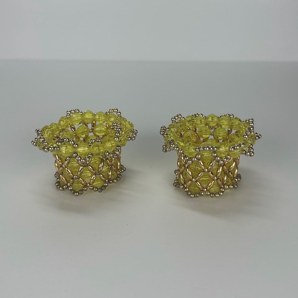 Vintage Handmade Beaded Doily and Napkin Rings in Yellow with Gold Accents