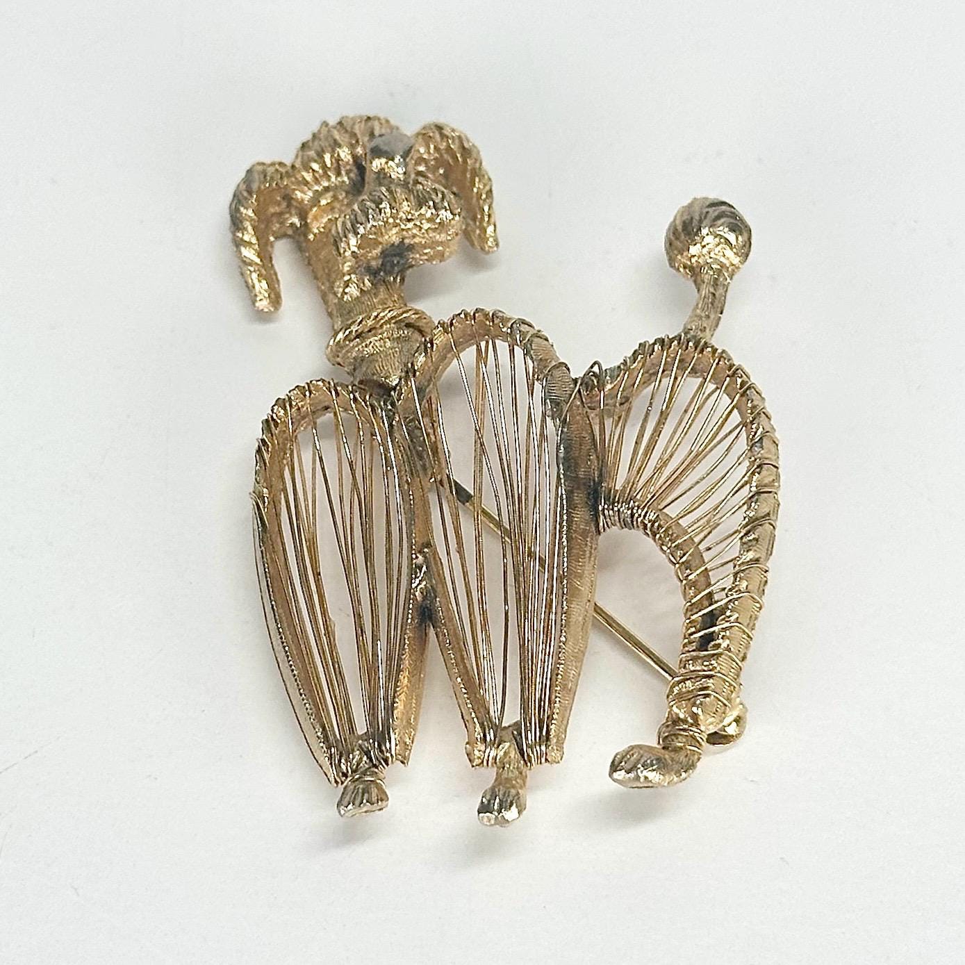Vintage Brooch Pin of Poodle in Gold Tone with Delicate Wire Design