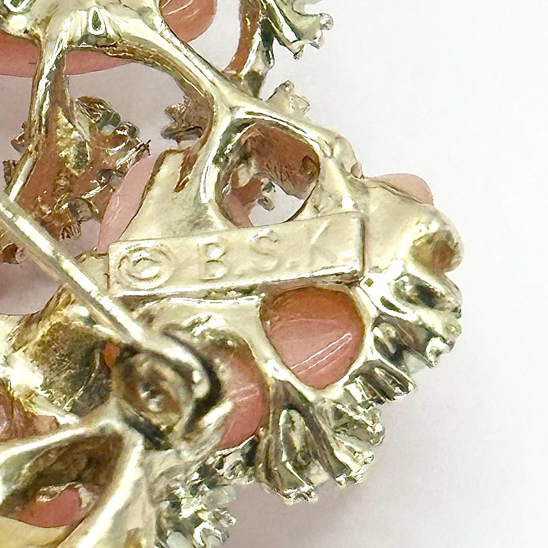 Vintage Brooch Pin with Thermoset Hearts and Rhinestone Flowers Stamped BSK