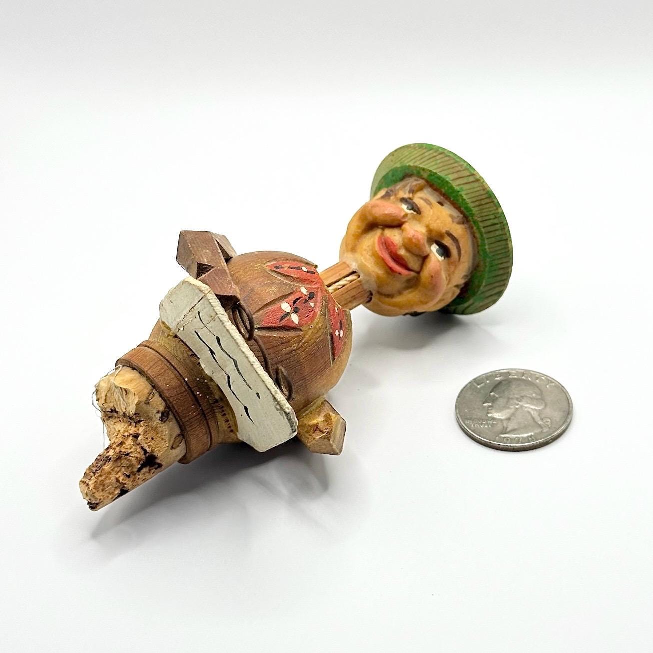 Vintage Bottle Stopper in ANRI Style Design of Hand Carved Man Reading a Book