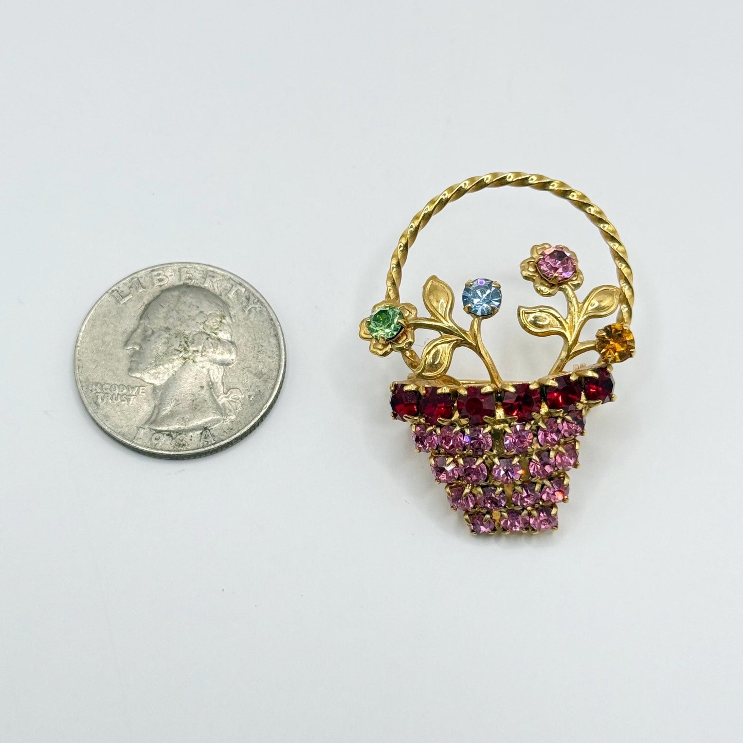 Vintage Brooch of a Spring Flower Basket with Rhinestones