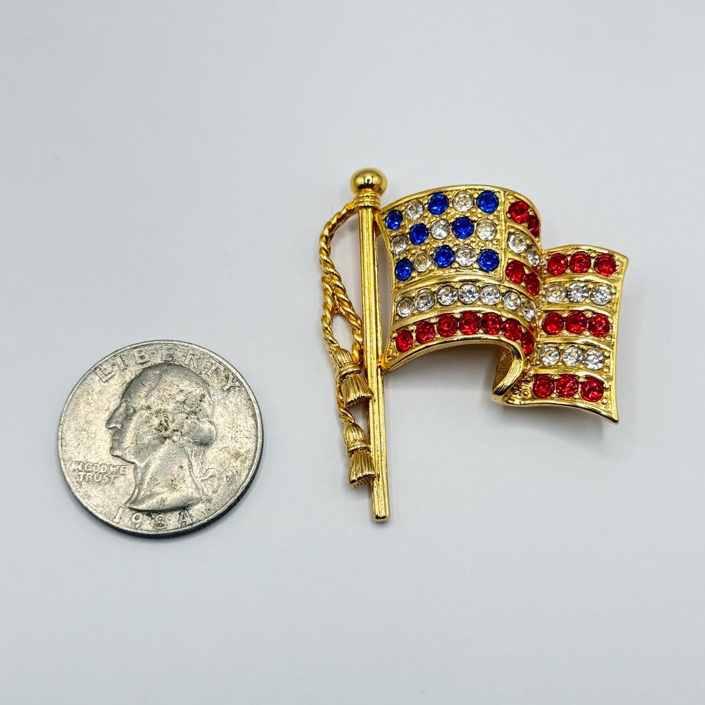 Vintage Brooch of USA Flag in Gold Tone and Rhinestones By Napier