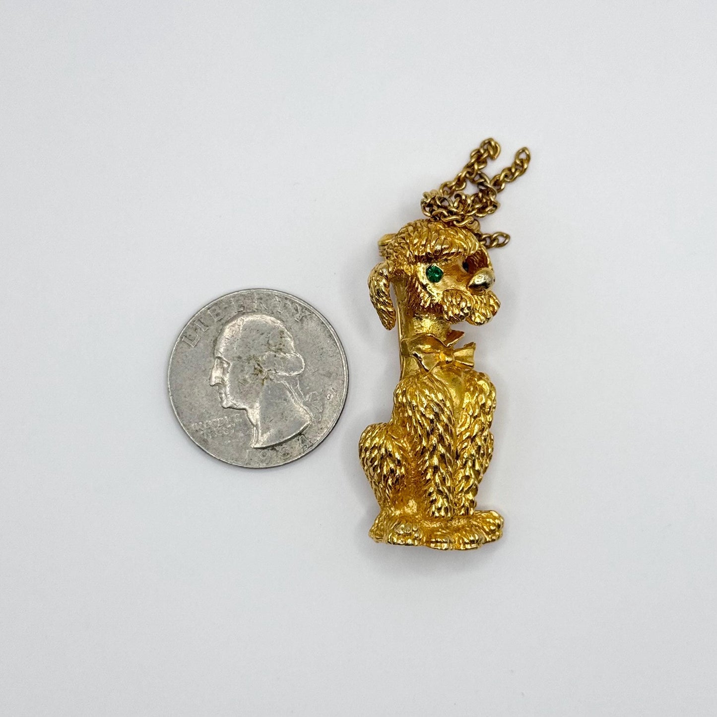 Vintage Brooch Pin of Poodle in Gold Tone with Green Rhinestone Eyes