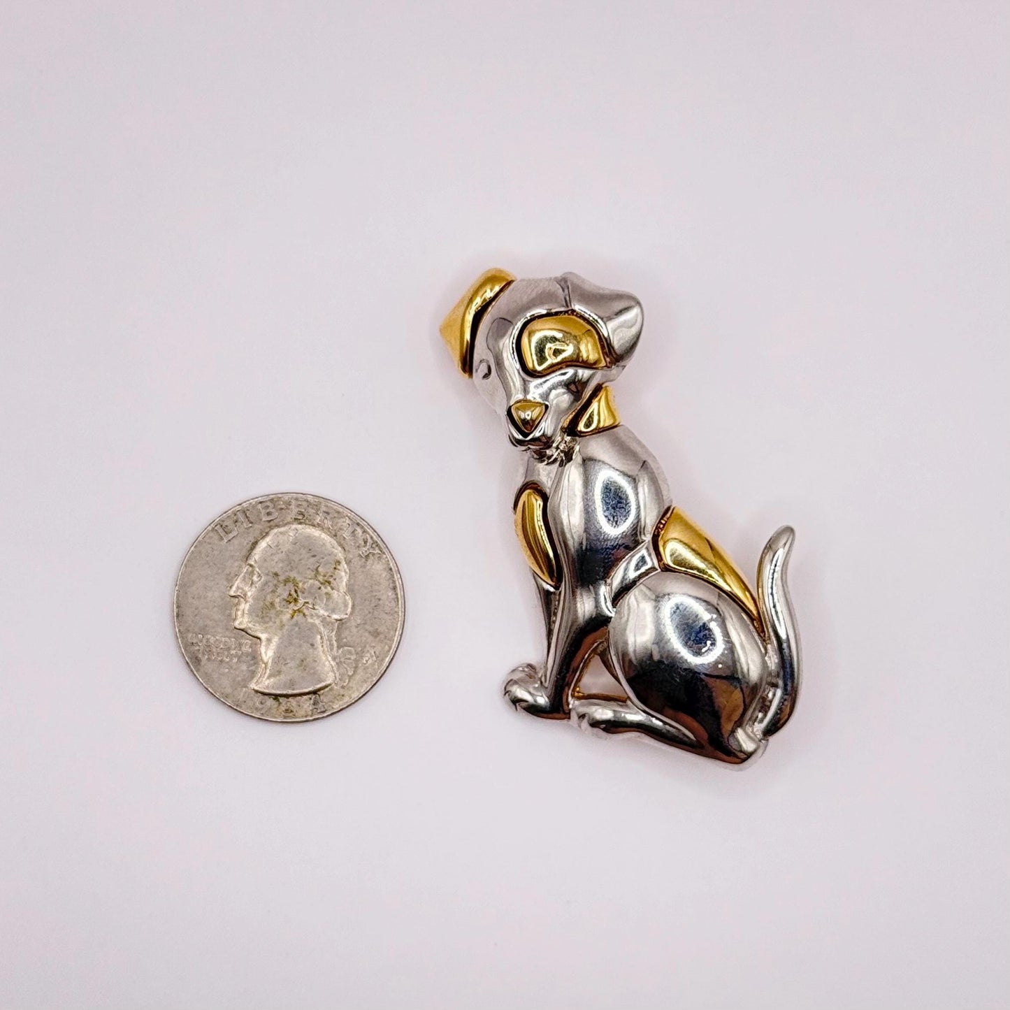 Vintage Brooch Pin of Dog in Gold and Silver Tone and Stamped LC