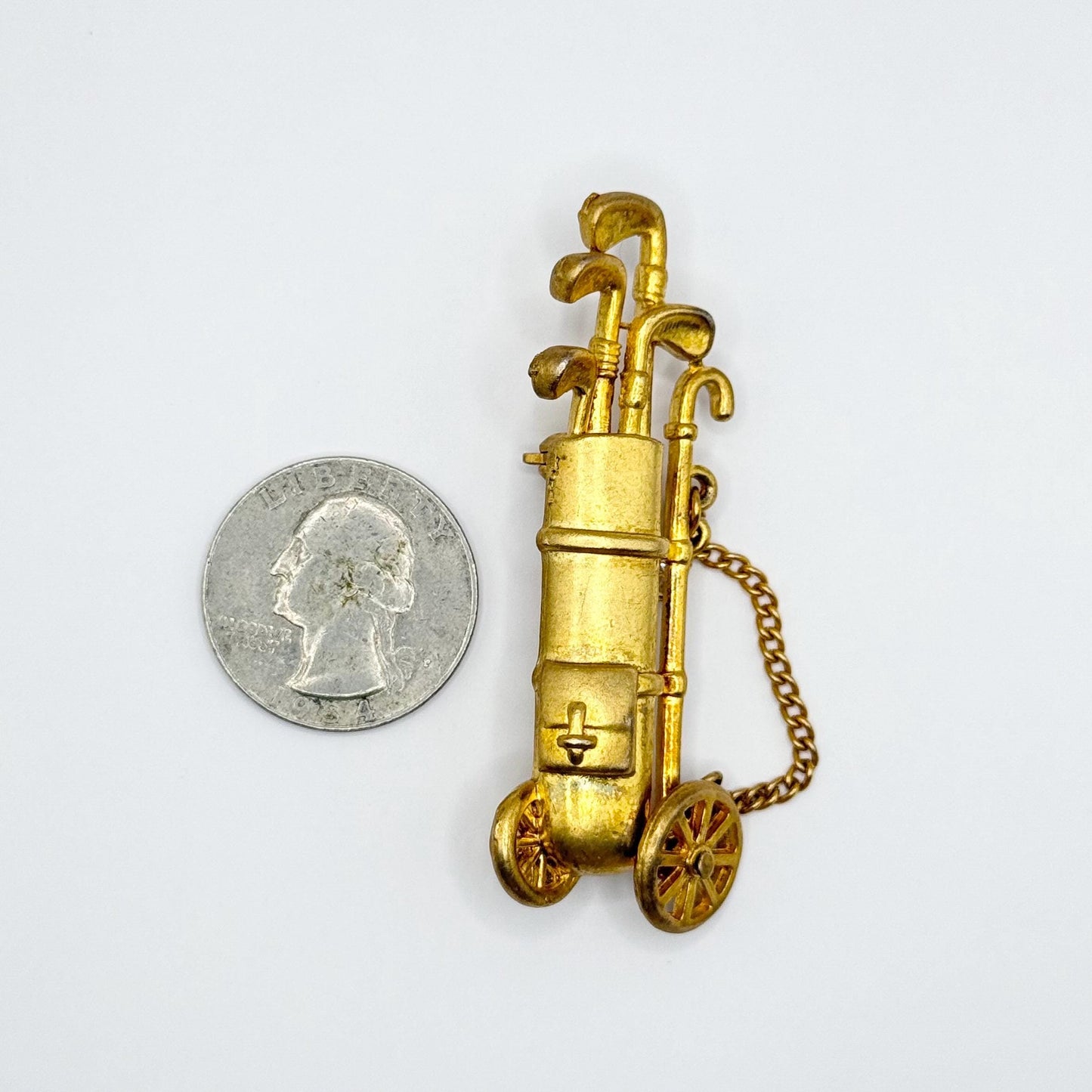 Vintage Brooch Pin of Golf Bag in Gold Tone with Chain and Rhinestone