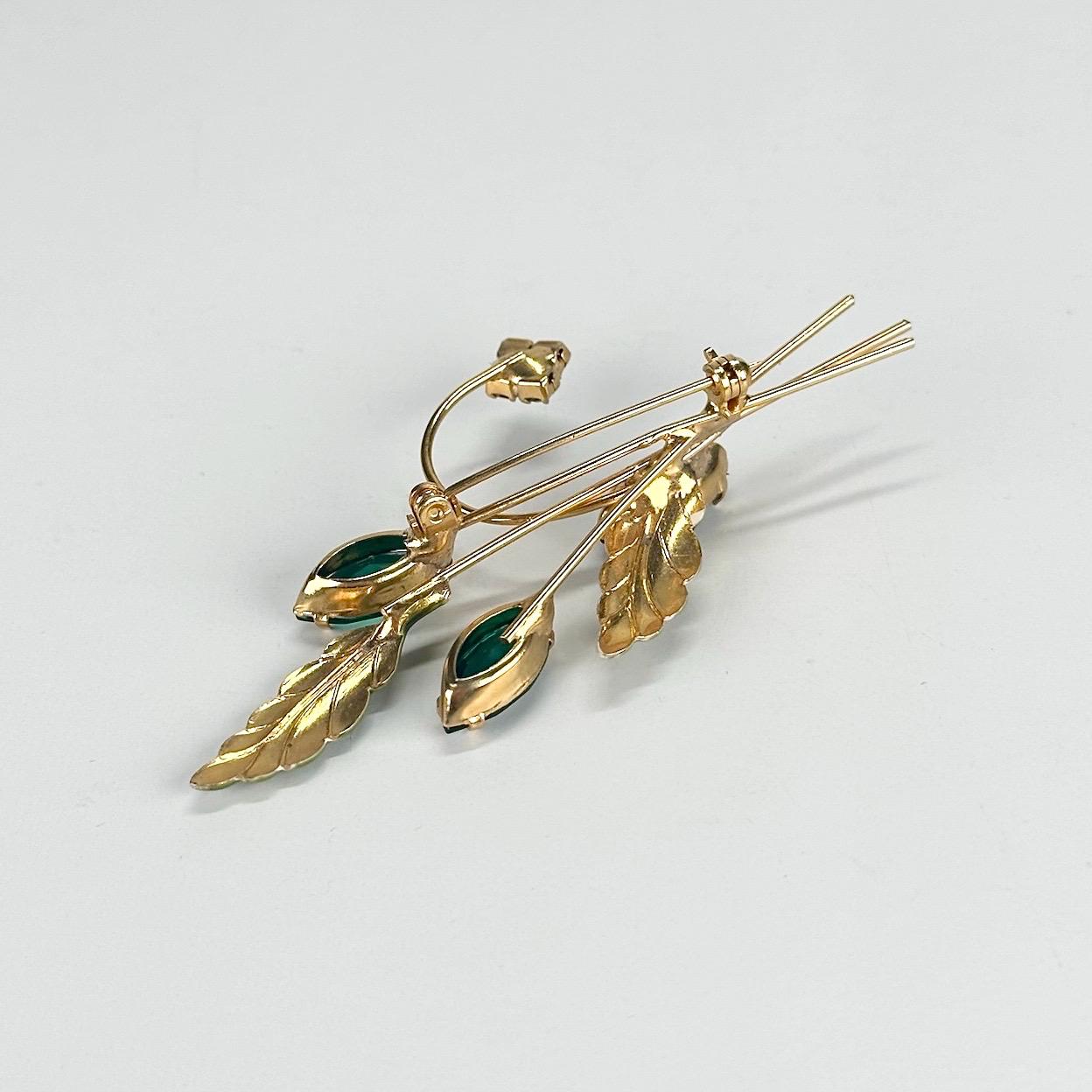 Vintage Brooch Pin with Green Gemstone Flowers and Enamel Painted Flowers
