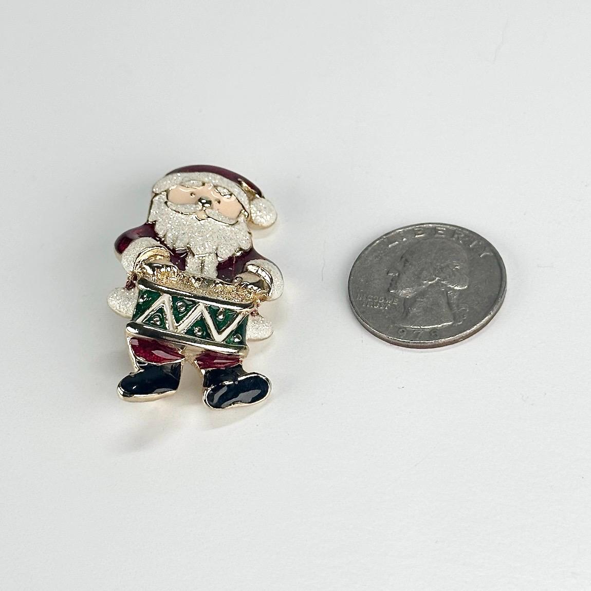 Vintage Brooch of Santa Claus Playing a Drum with Enamel Paint Design