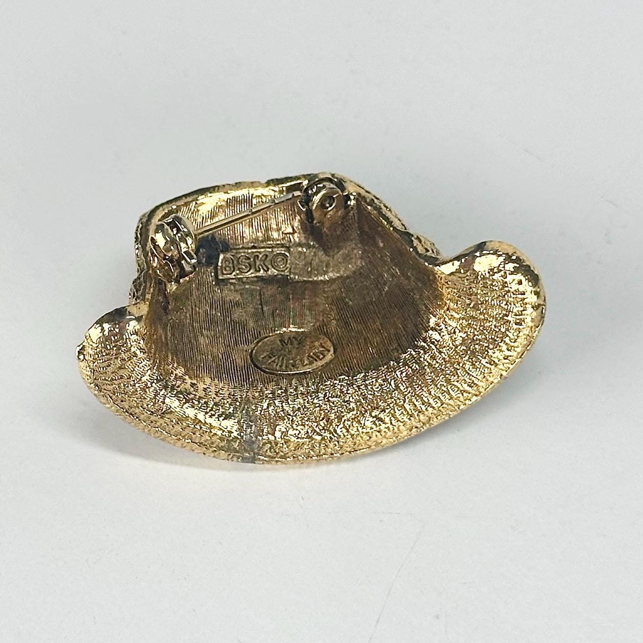 Vintage Brooch of My Fair Lady Fedora in Gold Tone with Rhinestones by BSK