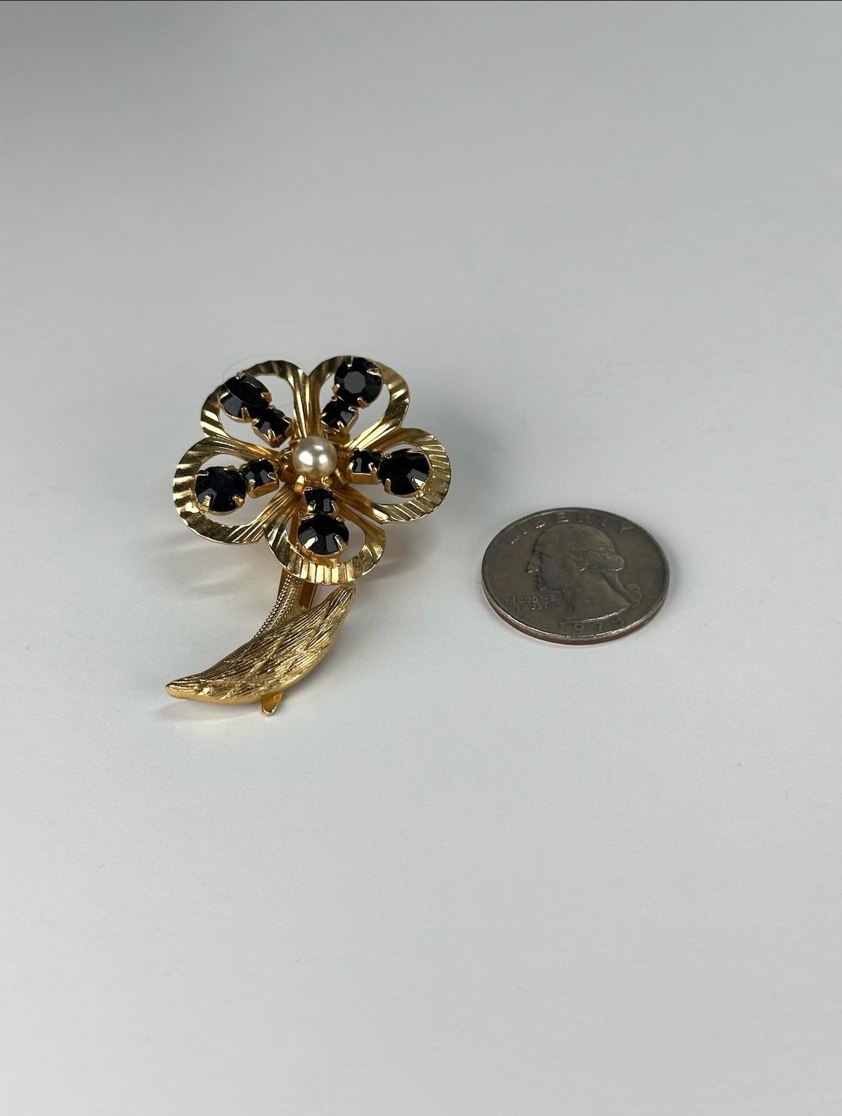 Vintage Hair Clip of Gold Tone Flower with Black Rhinestones and Faux Pearl Center