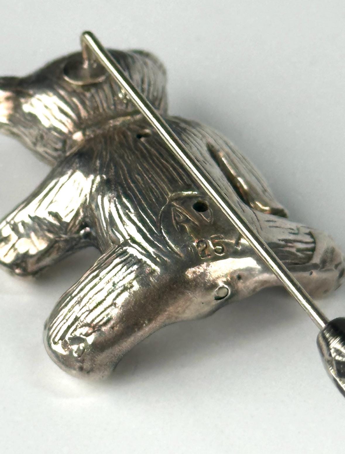 Vintage Brooch Pin of Sterling Silver Teddy Bear with Blue Rhinestone Eyes