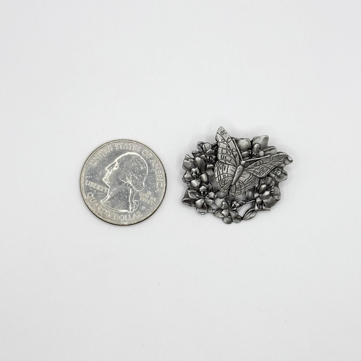 Vintage Brooch in Silver with a Butterfly and Flowers and Made by Birds & Blooms