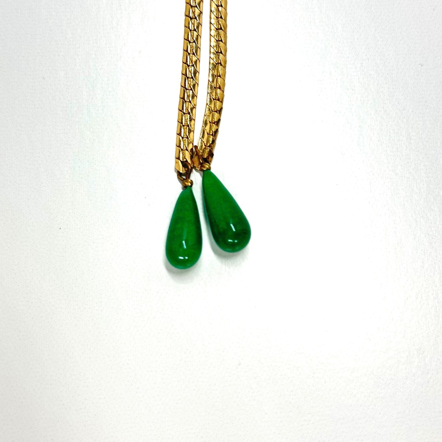 Vintage Necklace Set of Gold Tone Bolero with Green Stone & Rhinestone Clip-On Earrings