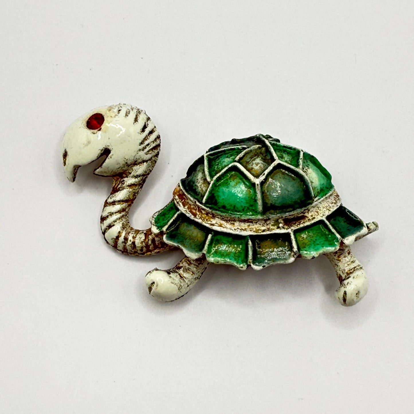 Vintage Brooch Pin of Enamel Turtle with Red Rhinestone Eye and Green Shell