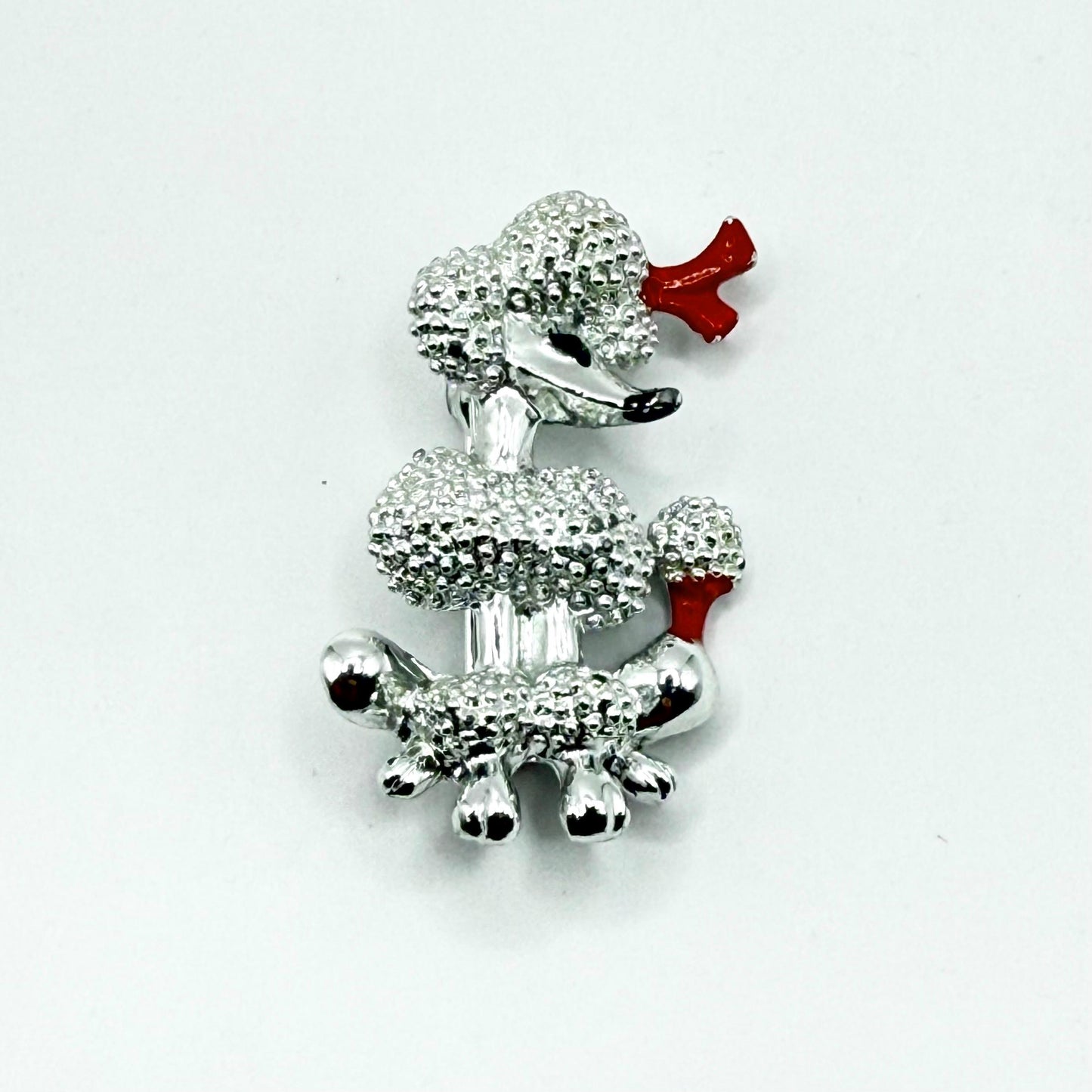 Vintage Brooch Pin of a Silver Poodle with Red Enamel Accents