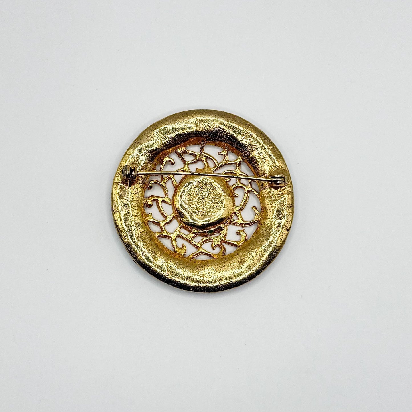 Vintage Brooch with Gold Tone Filigree with Purple and Teal Epoxy Enamel Swirls