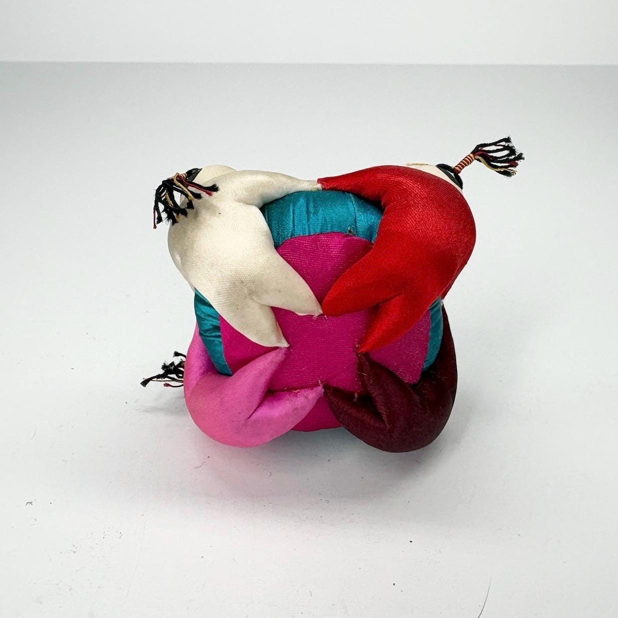Vintage Mini Pin Cushion with Teal Silk and Children Playing