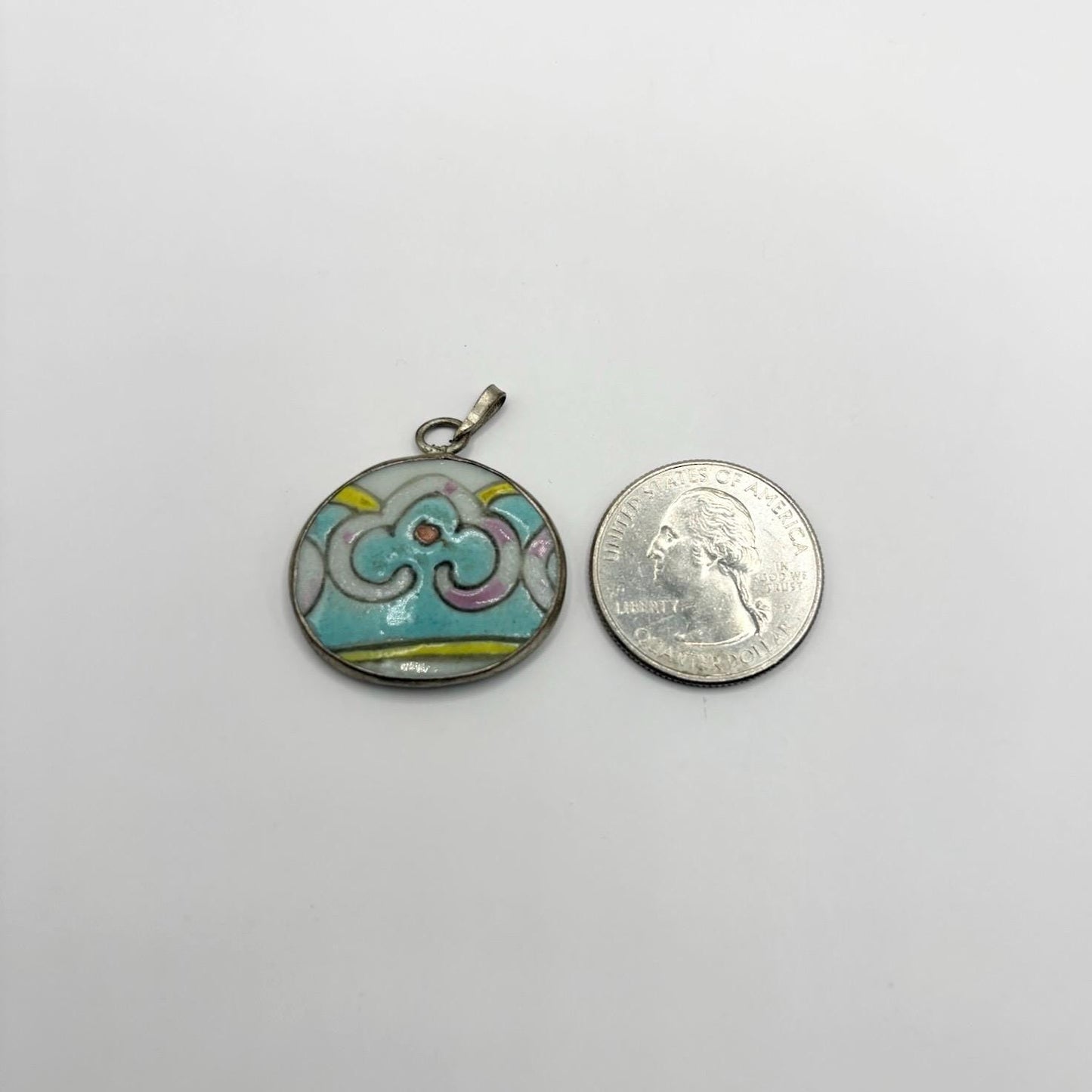 Vintage Sterling Silver Enamel Pendant Charm 925 Round Pastel Cloisonné Style Mid Century