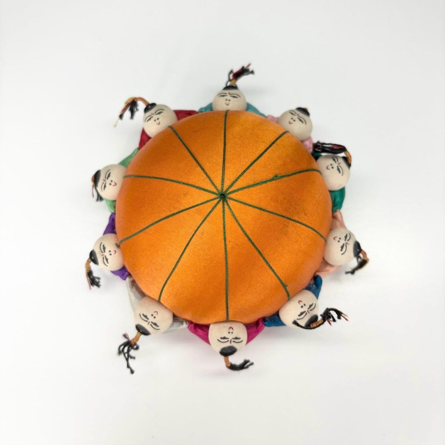Vintage Pin Cushion with Orange Silk and Children Playing & Made in China