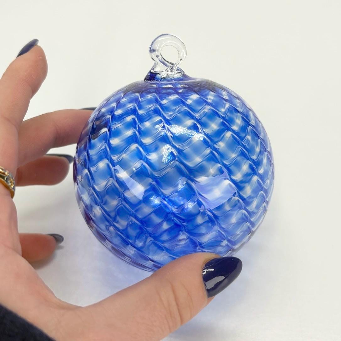 Vintage Hand Blown Blue Ornament with Blue Twisted Chevron Pattern