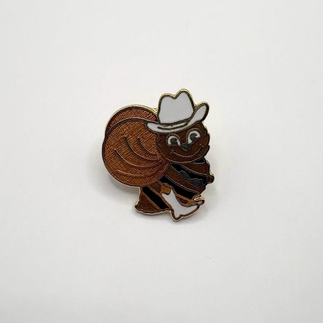Vintage Cowboy Bee Enamel Lapel Pin in Gold Tone