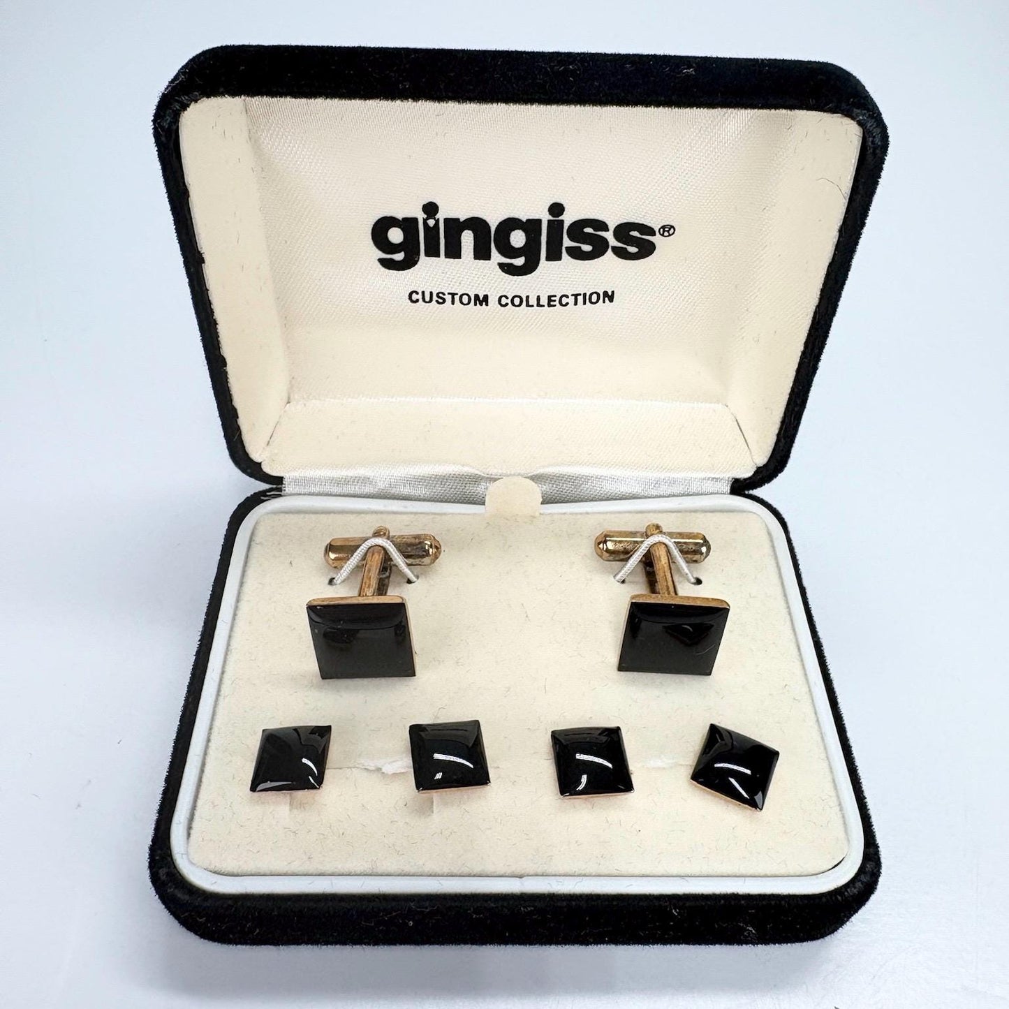Vintage Gingiss Cufflinks and Shirt Stud Set Black Square Gold Tone Formal Wear Custom Collection in Original Case
