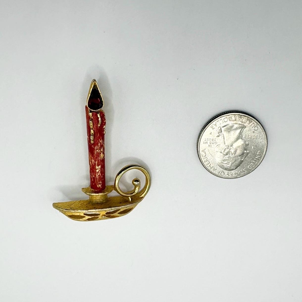 Vintage Candlestick Brooch in Gold Tone with Red Rhinestone Flame